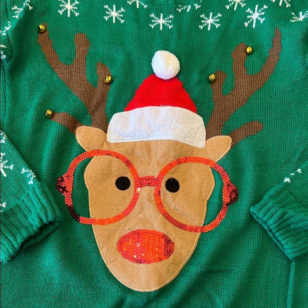 Tiara International Christmas Collection Green Reindeer Christmas Sweater Size L
